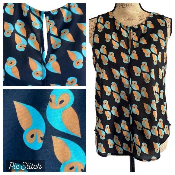 EUC Fun 2 Fun Black Sleeveless Blouse Owl Print  - Size Med - Picture 1 of 8